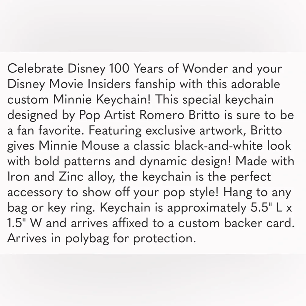 BNWT MINNIE MOUSE 100TH ANNIVERSARY KEYCHAIN BY POP ARTIST ROMERO BRITTO…